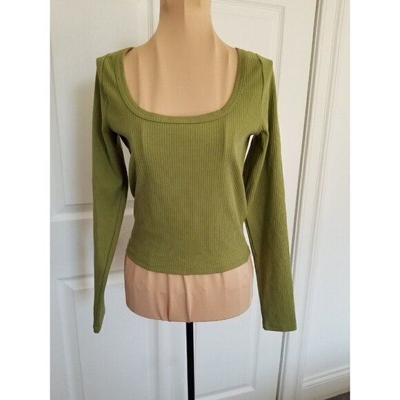 Madewell Women Square Neck Long Sleeve Ribbed Cropped Sleekhold Green Top Size S - Picture 1 of 10